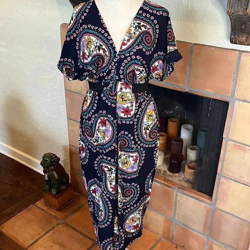 Jane Wood Vintage Made in France Navy Blue Paisley Floral Dress, 2!
